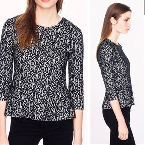 J Crew Fitted Black & Cream Lace Peplum Top XXS